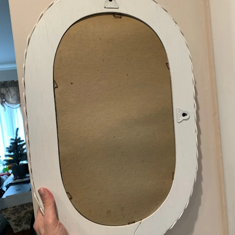 Vintage White Wicker Oval Mirror Wall Hanging